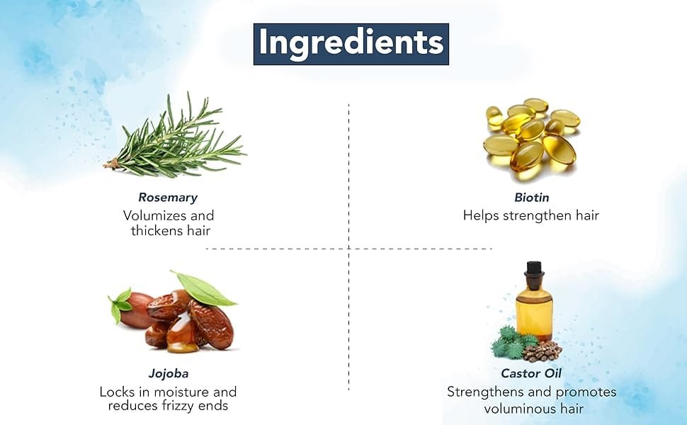 Ingredients of Botanic Hearth Rosemary Hair Oil – rosemary, jojoba, castor oil, biotin
