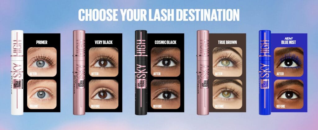 Comparison of lashes before and after applying Maybelline Sky High Mascara