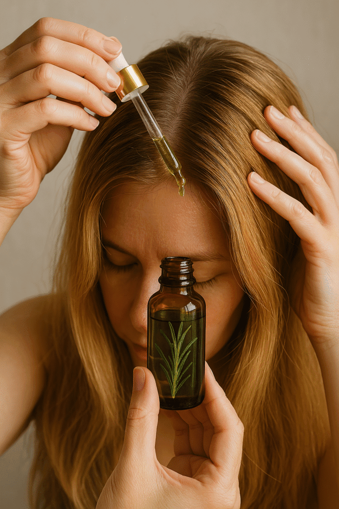 Applying rosemary oil drops directly to the scalp