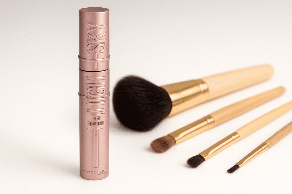 Maybelline Sky High Mascara tube with makeup brushes in background for Maybelline Sky High Mascara Review