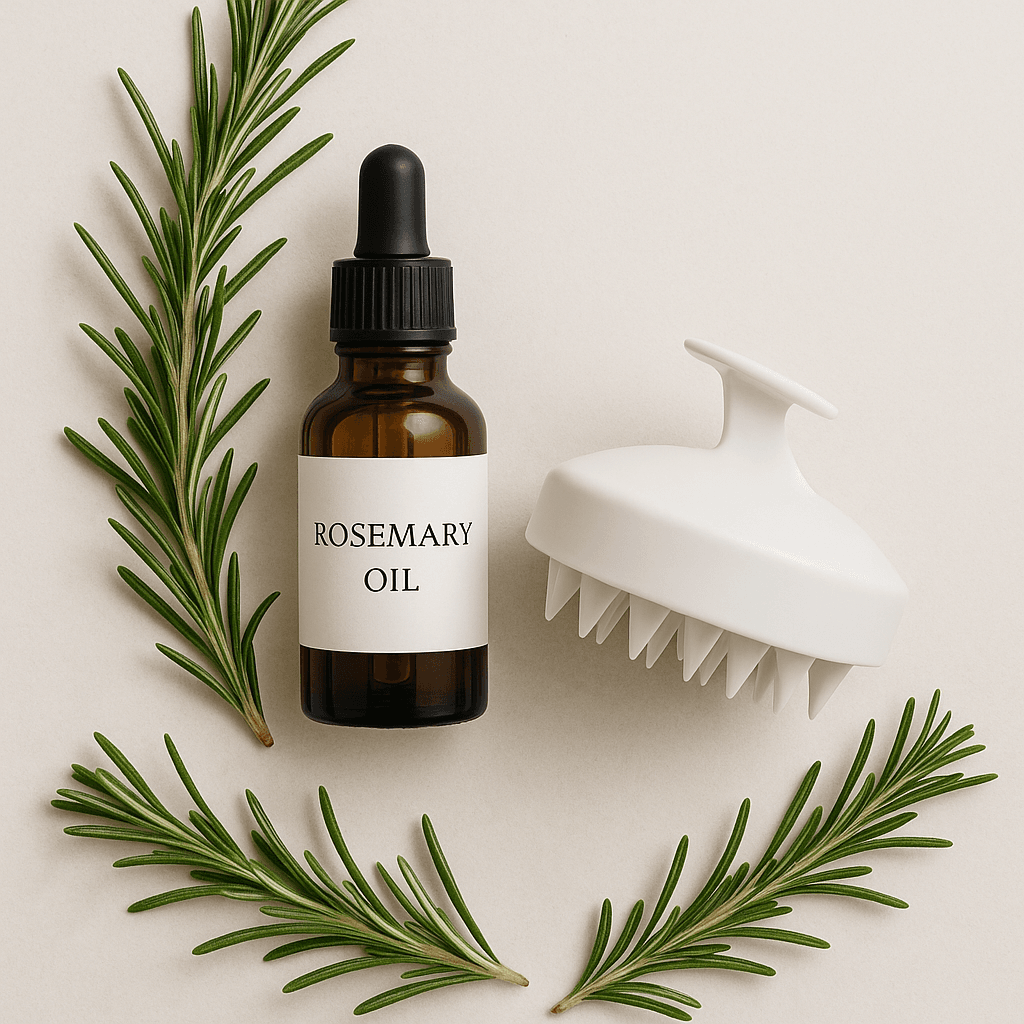 Rosemary oil bottle surrounded by rosemary leaves and a scalp massager