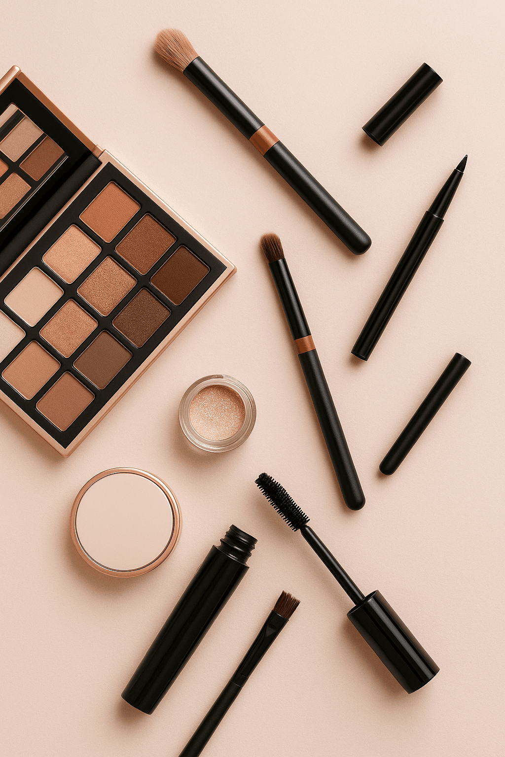 Flat lay of eye makeup products including a warm-toned eyeshadow palette, liquid and pencil eyeliners, a mascara wand, brow brush, compact mirror, and shimmer highlighter jar, all arranged on a soft blush pink background with natural lighting.