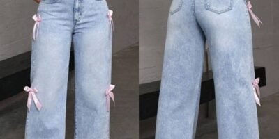 Bowknot Collage Washed Jeans Loose Straight-leg Wide-leg Pants