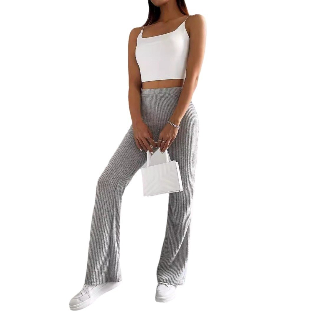 Women's Autumn Solid Color Rib Knit Bootcut Trousers - Image 5