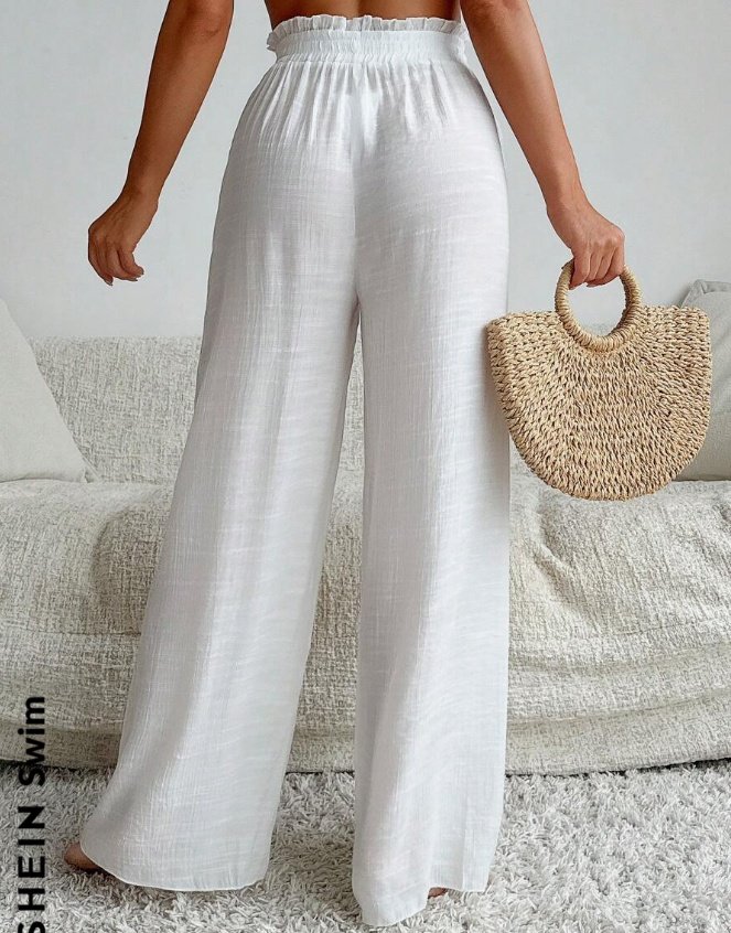 Women White High Waist Ruffle Tied Wide Leg Beach Swimsuit - Image 4