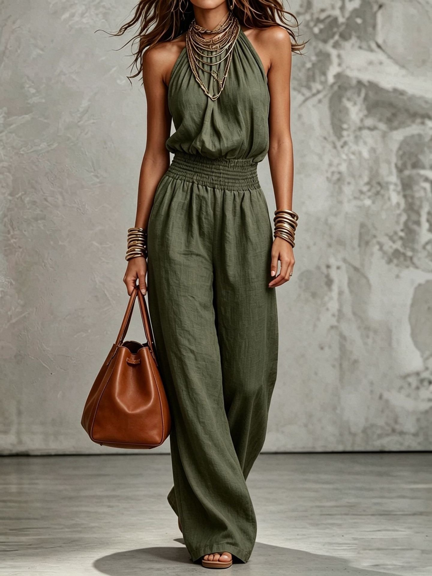 Womens Sleeveless Jumpsuit Backless Lace-up Halter Overall Pants Wide-leg Straight Onesie Trousers - Image 9
