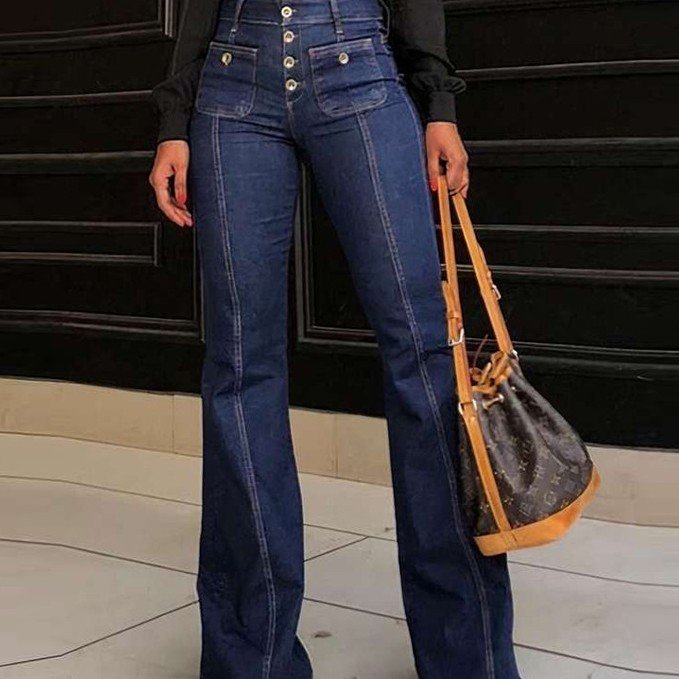 Stitching Washed Denim Stretch Slim Fit Bell-bottom Pants - Image 7