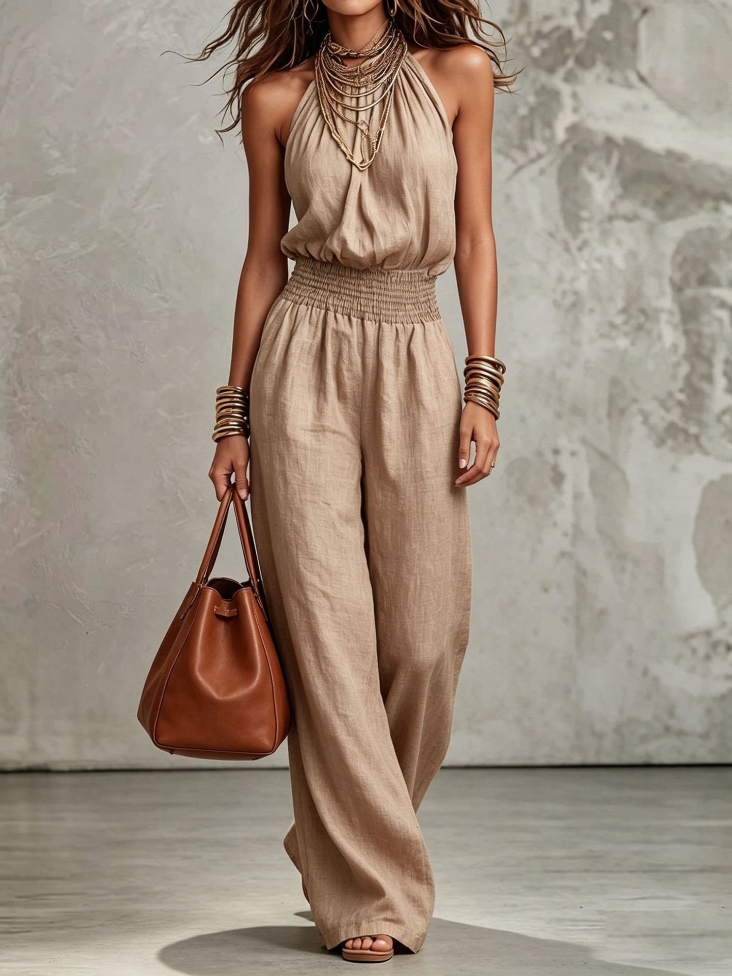 Womens Sleeveless Jumpsuit Backless Lace-up Halter Overall Pants Wide-leg Straight Onesie Trousers - Image 5