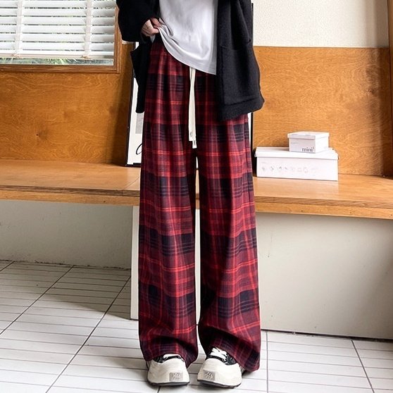 Plaid High Waist Drooping Baggy Pants - Image 8