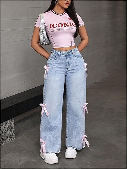 Bowknot Collage Washed Jeans Loose Straight-leg Wide-leg Pants - Image 6
