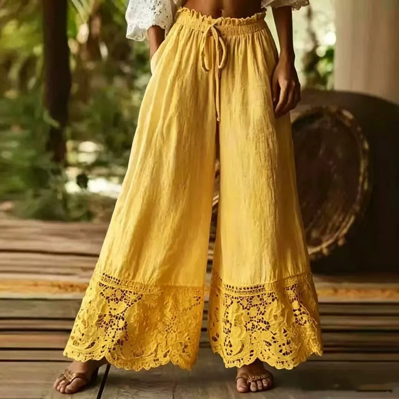 Fashionable Solid-Colored Lace-Trimmed Womens Pants - Image 6
