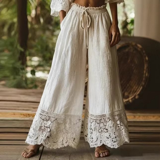 Fashionable Solid-Colored Lace-Trimmed Womens Pants