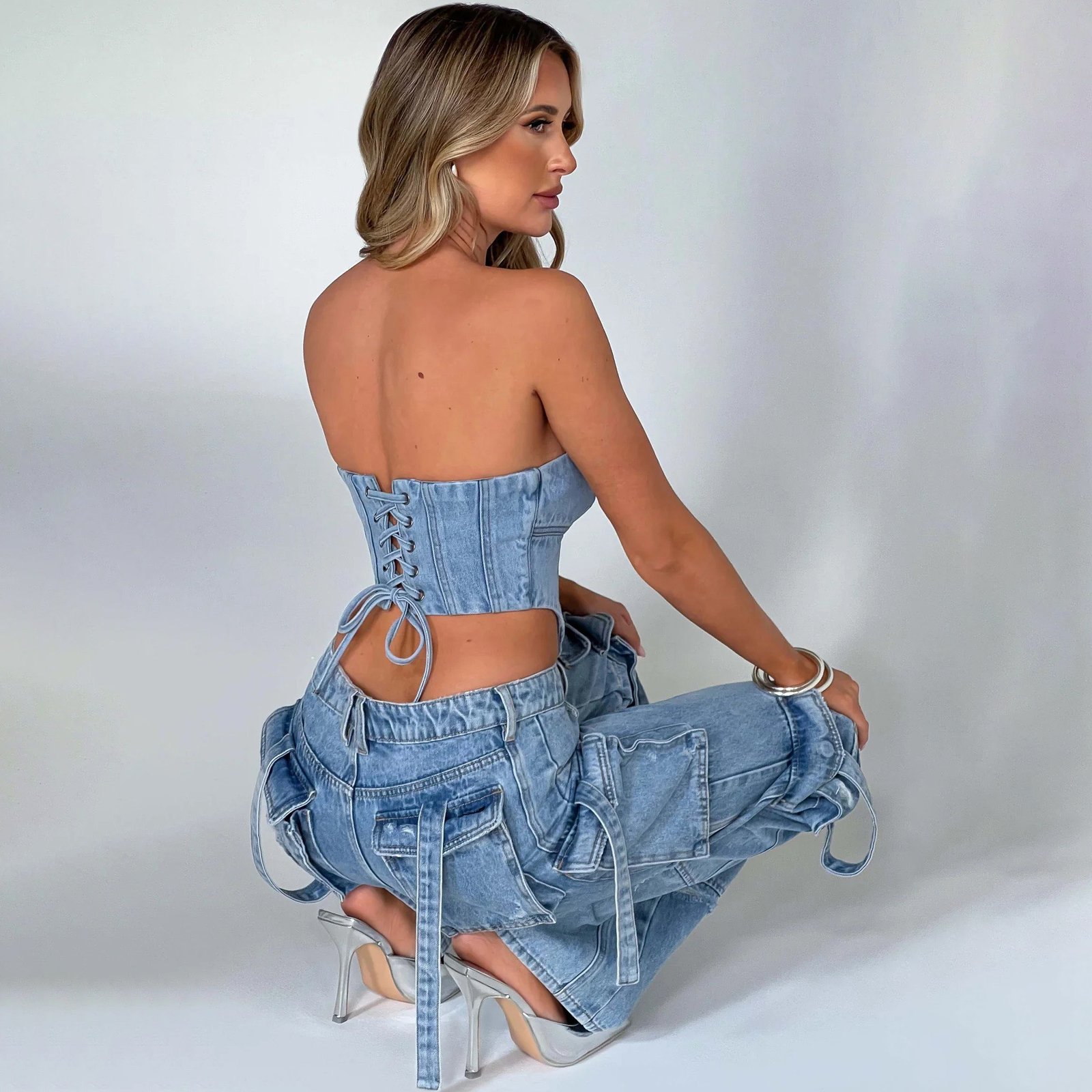 Women's Suit Low Waist Three-dimensional Tube Top And Pocket Stitching Jeans Pants - Image 3