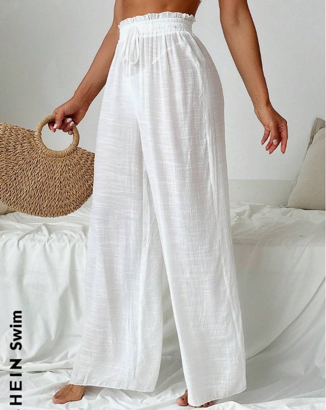 Women White High Waist Ruffle Tied Wide Leg Beach Swimsuit - Image 5