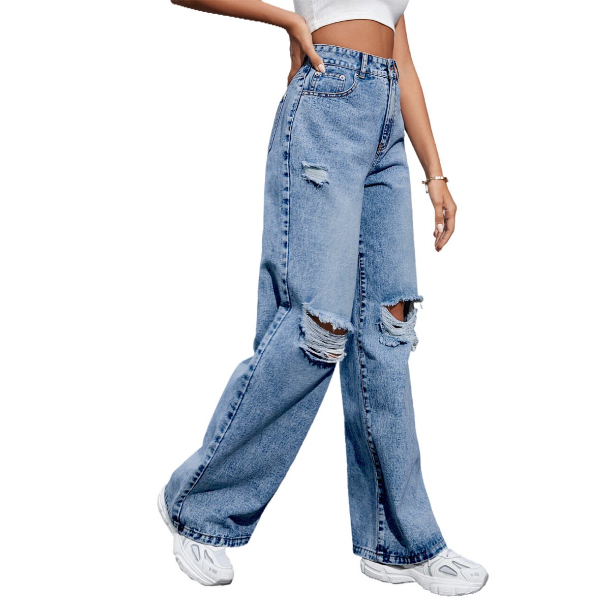 Women's Fashion Holes High Waist Casual Denim Trousers - Image 4