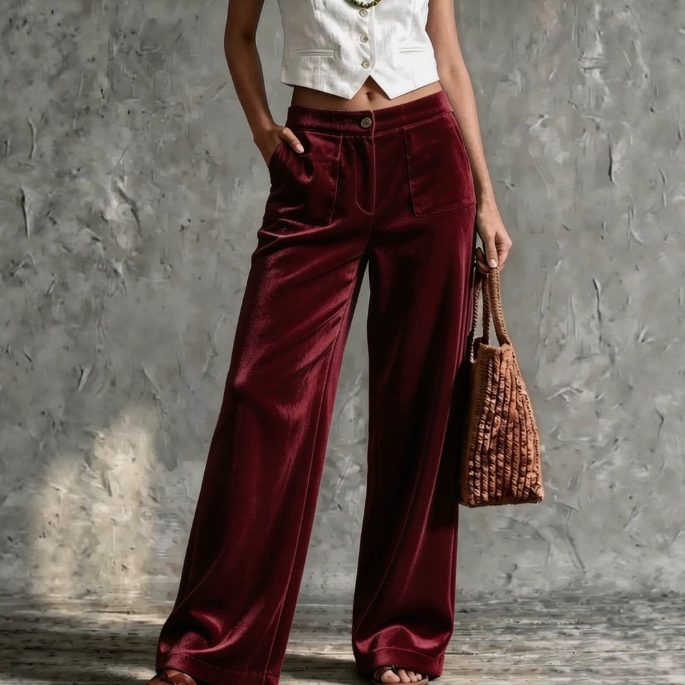 Womens Velvet Loose-fit Solid-color High-waisted Straight-leg Casual Pants With Pockets
