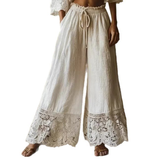 Fashionable Solid-Colored Lace-Trimmed Womens Pants - Image 3