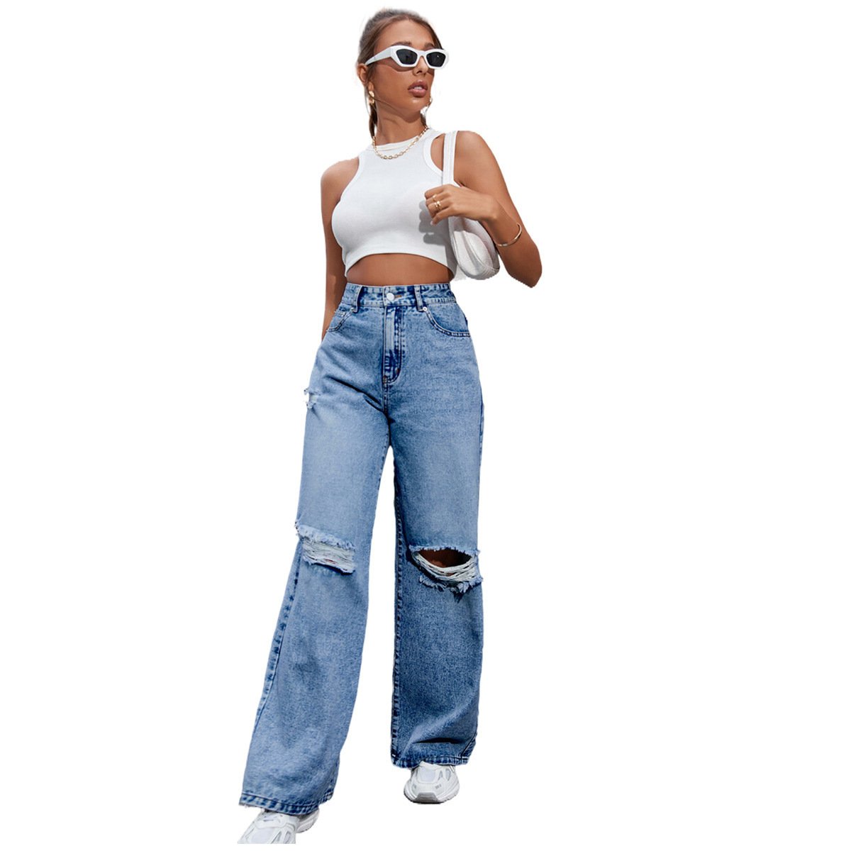 Women's Fashion Holes High Waist Casual Denim Trousers - Image 3