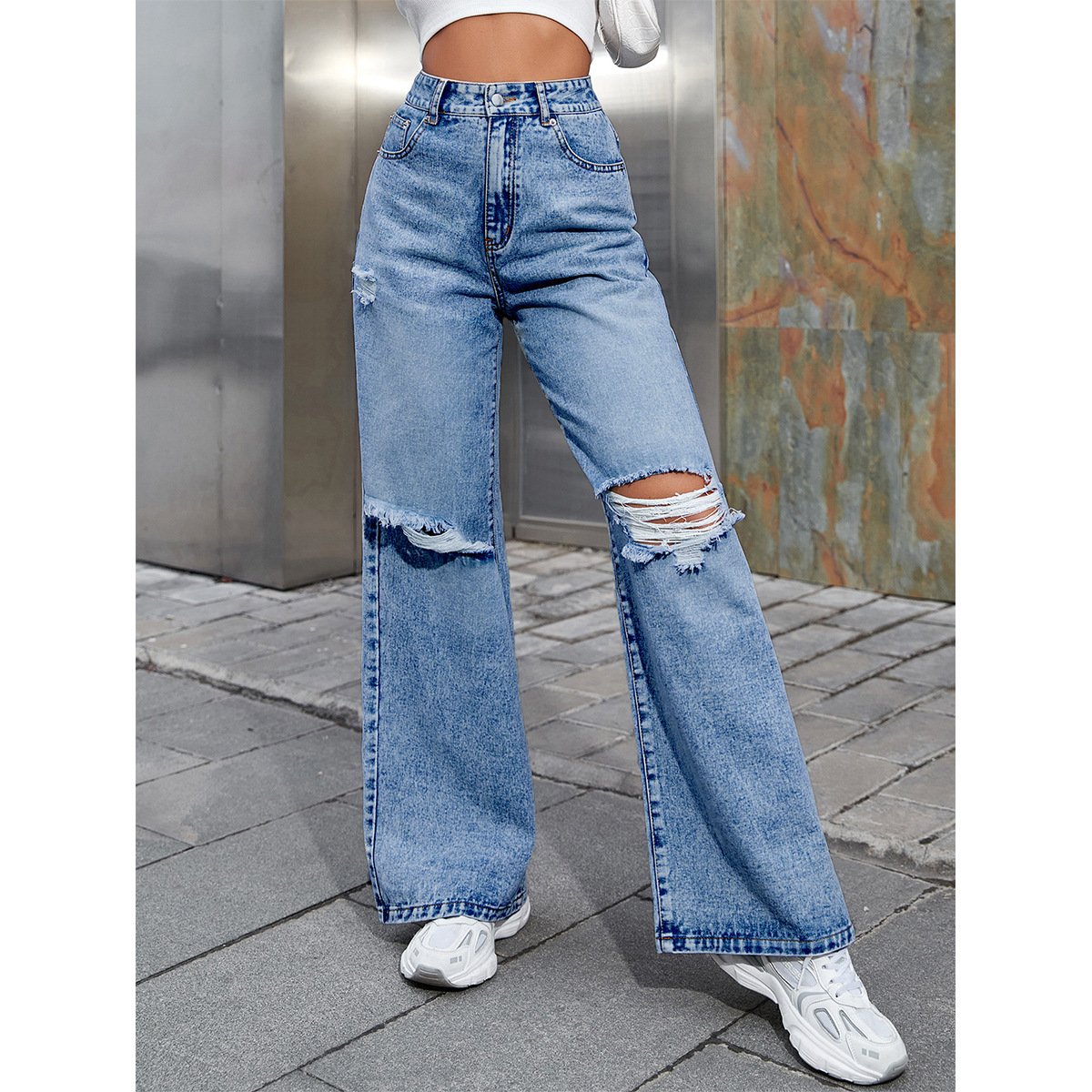 Women's Fashion Holes High Waist Casual Denim Trousers - Image 10