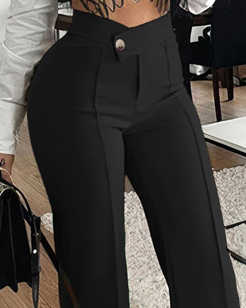 Slim Straight-leg Pants With Buckle Fashion Solid Color Trousers For Womens Clothing - Image 4
