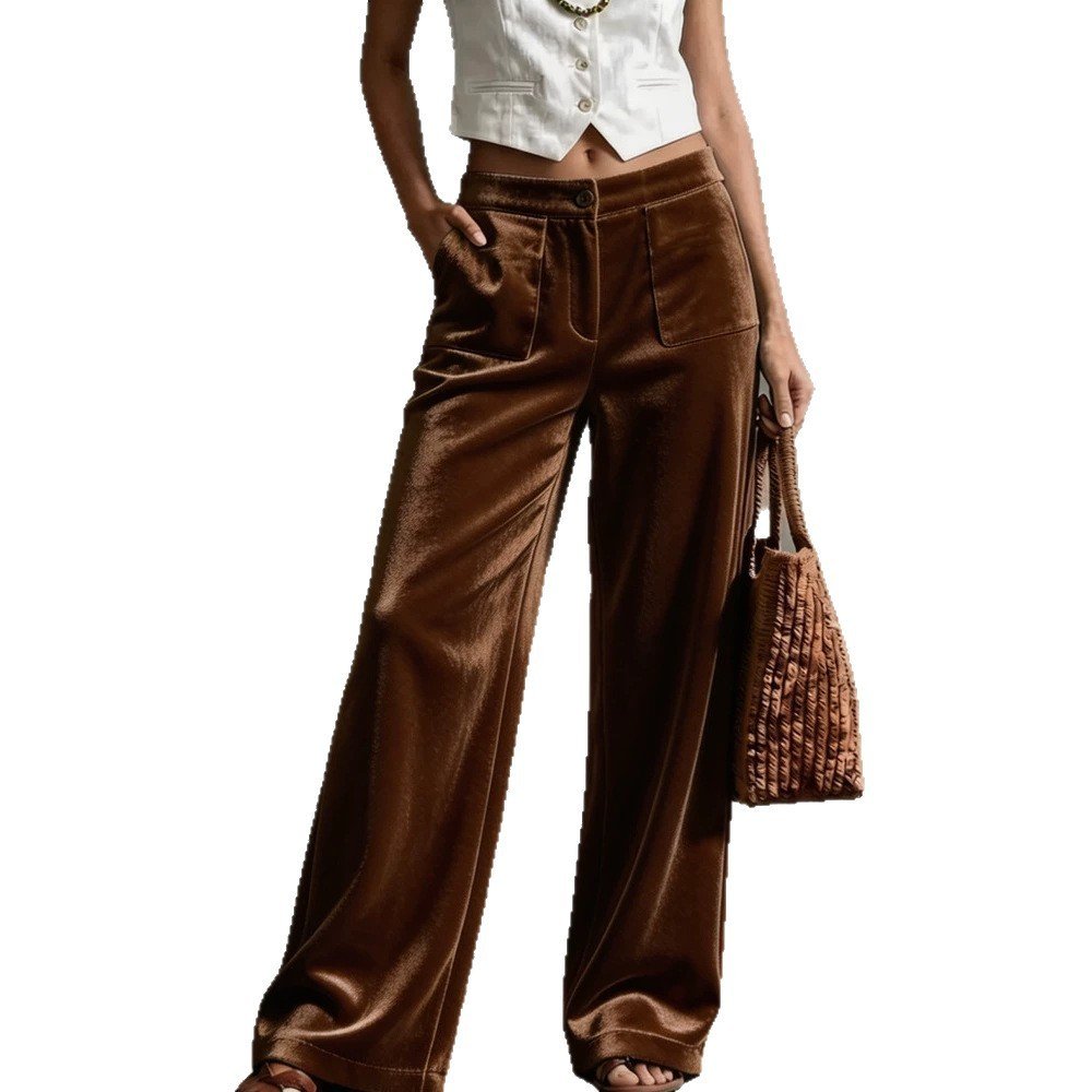 Womens Velvet Loose-fit Solid-color High-waisted Straight-leg Casual Pants With Pockets - Image 5