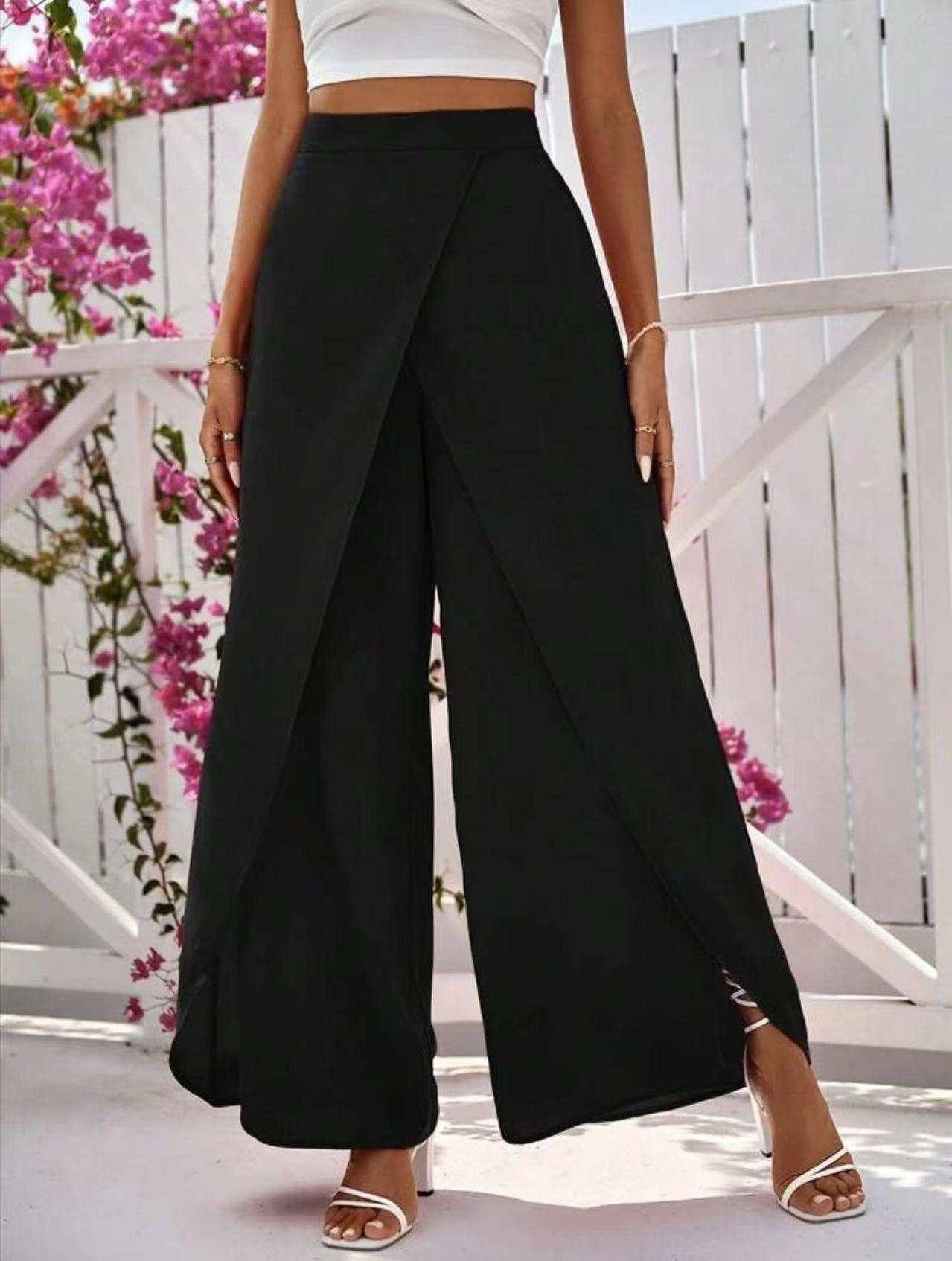 Solid-color Slit Womens Casual Wide-leg Pants - Image 4