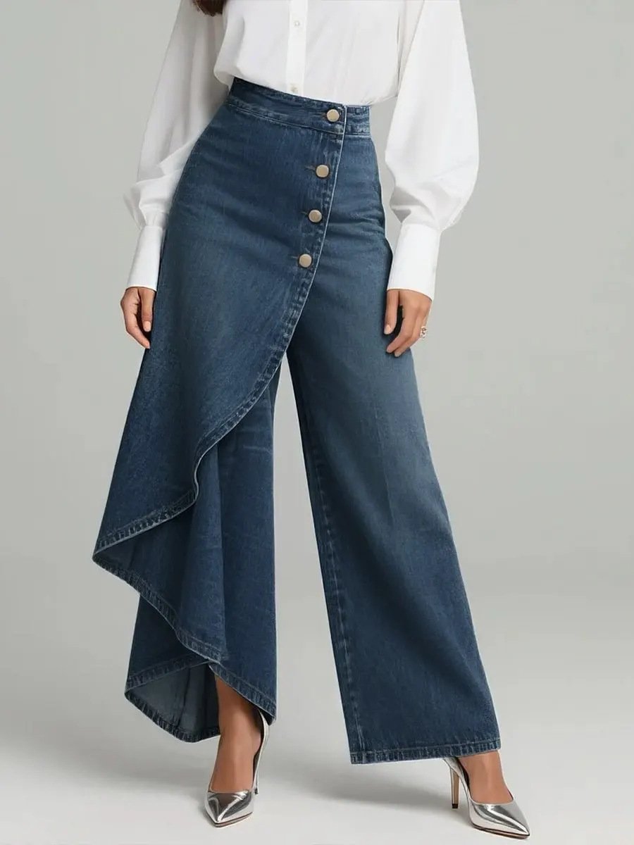 Unique Straight-leg Pants Fashion Large Ruffled Buttons Trousers Women's Faux Jeans Clothing - Image 8