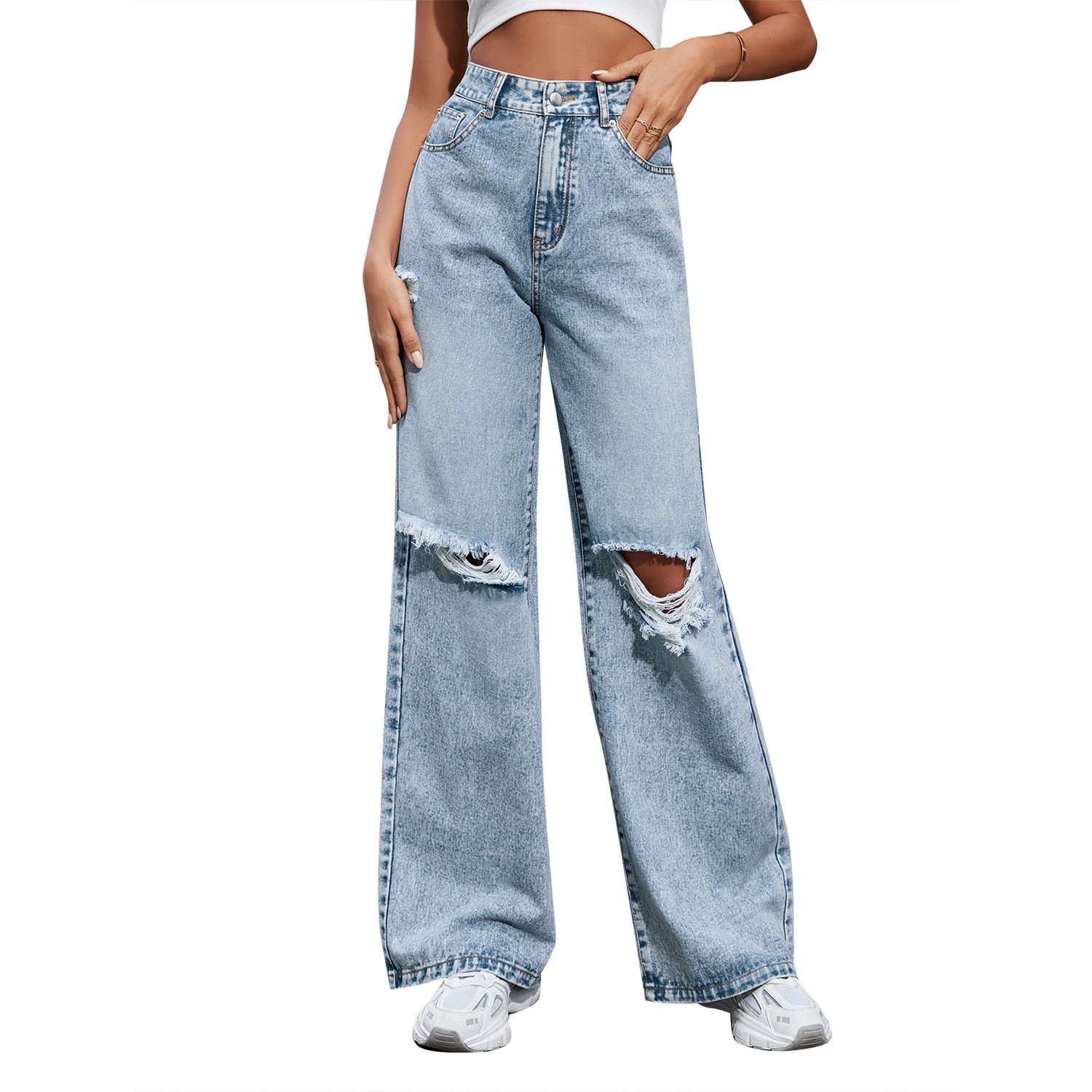 Women's Fashion Holes High Waist Casual Denim Trousers - Image 8
