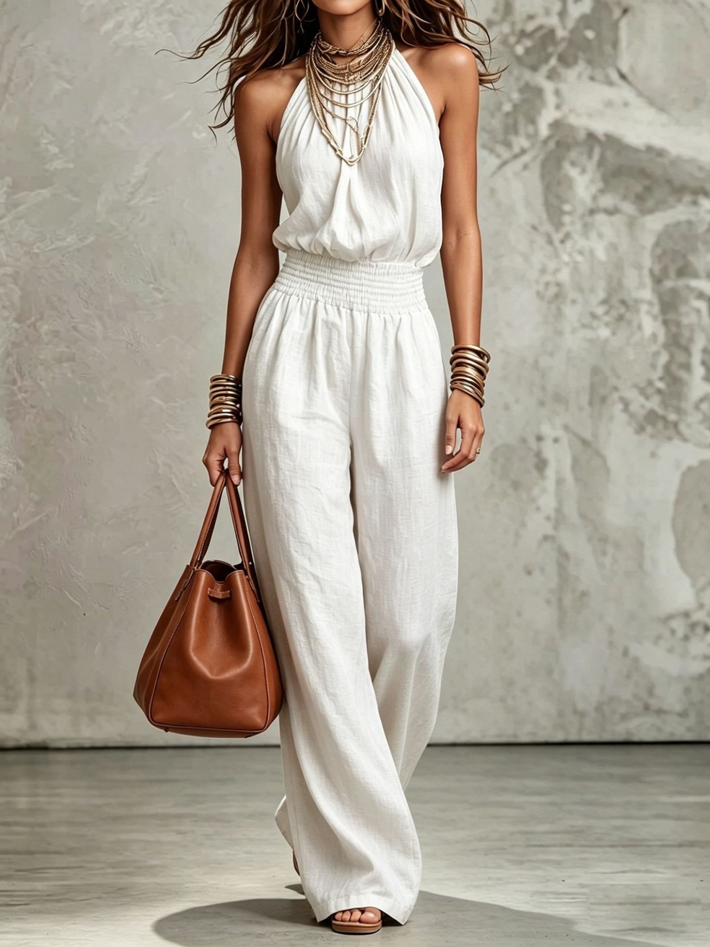Womens Sleeveless Jumpsuit Backless Lace-up Halter Overall Pants Wide-leg Straight Onesie Trousers - Image 7