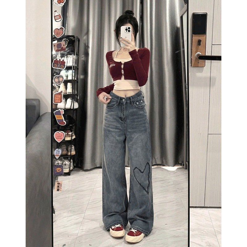 Love Embroidered Wide-leg Simple Casual Jeans - Image 3