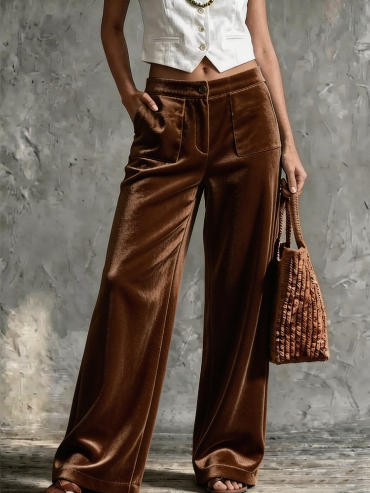 Womens Velvet Loose-fit Solid-color High-waisted Straight-leg Casual Pants With Pockets - Image 9