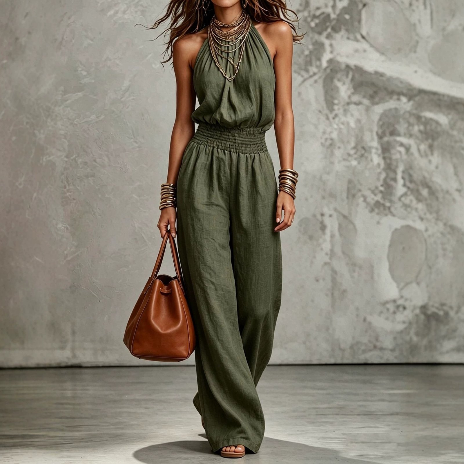 Womens Sleeveless Jumpsuit Backless Lace-up Halter Overall Pants Wide-leg Straight Onesie Trousers - Image 4