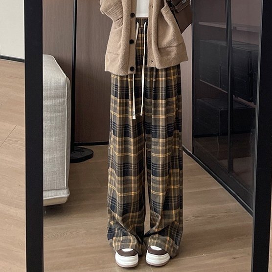 Plaid High Waist Drooping Baggy Pants - Image 5