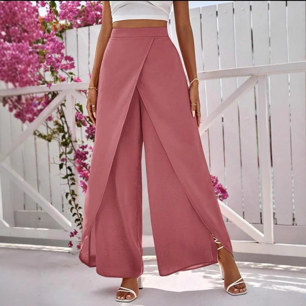 Solid-color Slit Womens Casual Wide-leg Pants