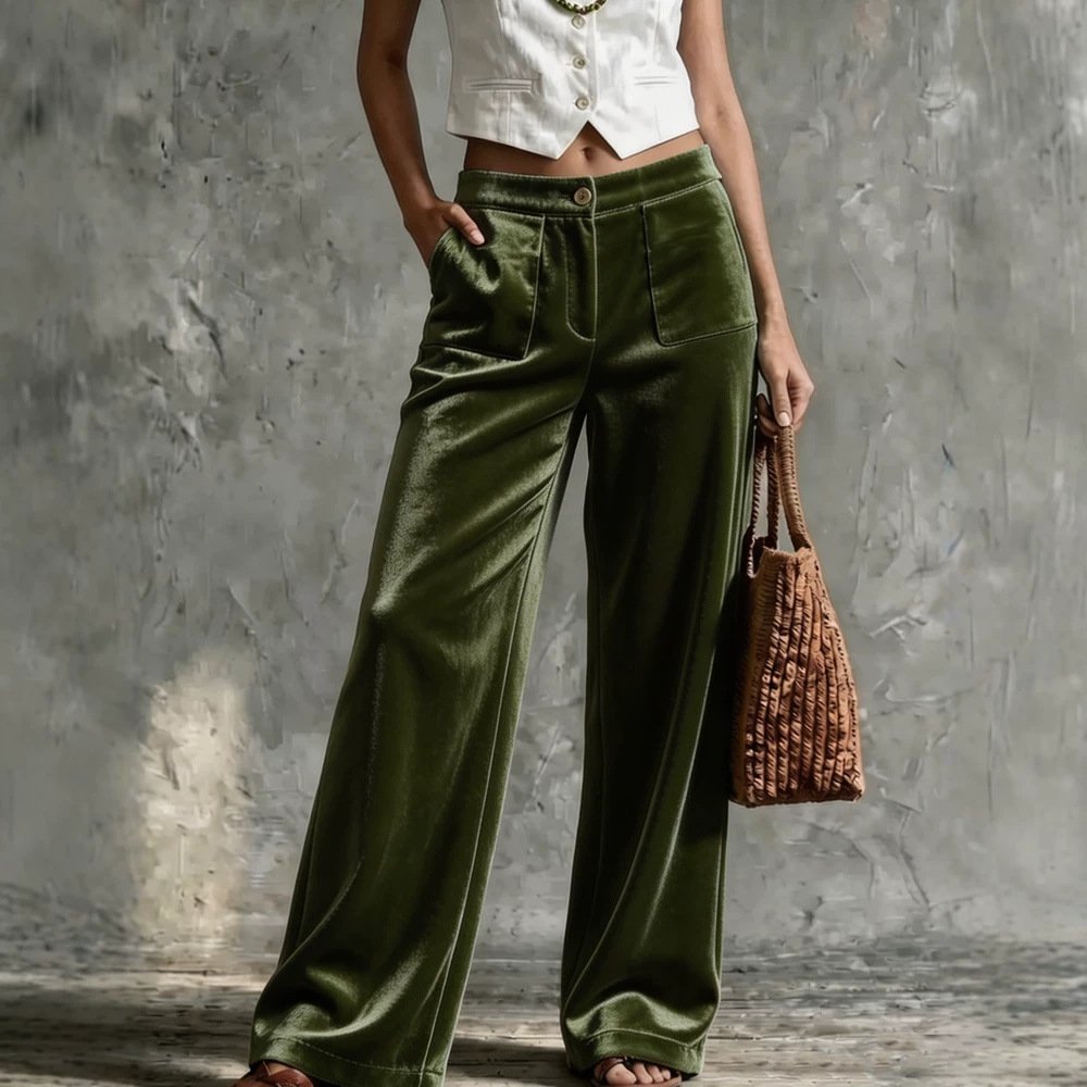 Womens Velvet Loose-fit Solid-color High-waisted Straight-leg Casual Pants With Pockets - Image 3
