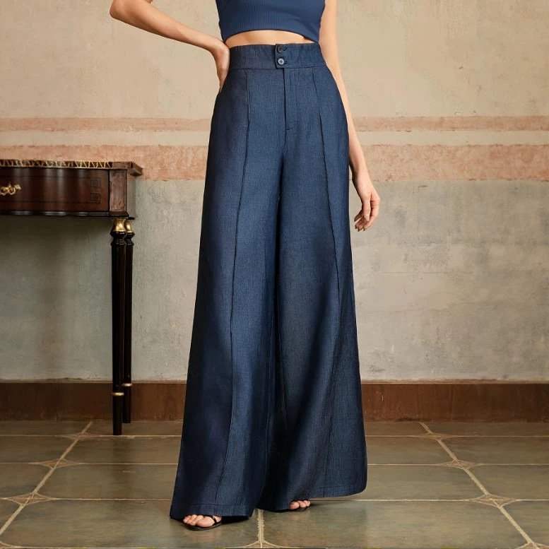 Womens Solid-Color High-Waisted Straight-Leg Wide-Leg Pants