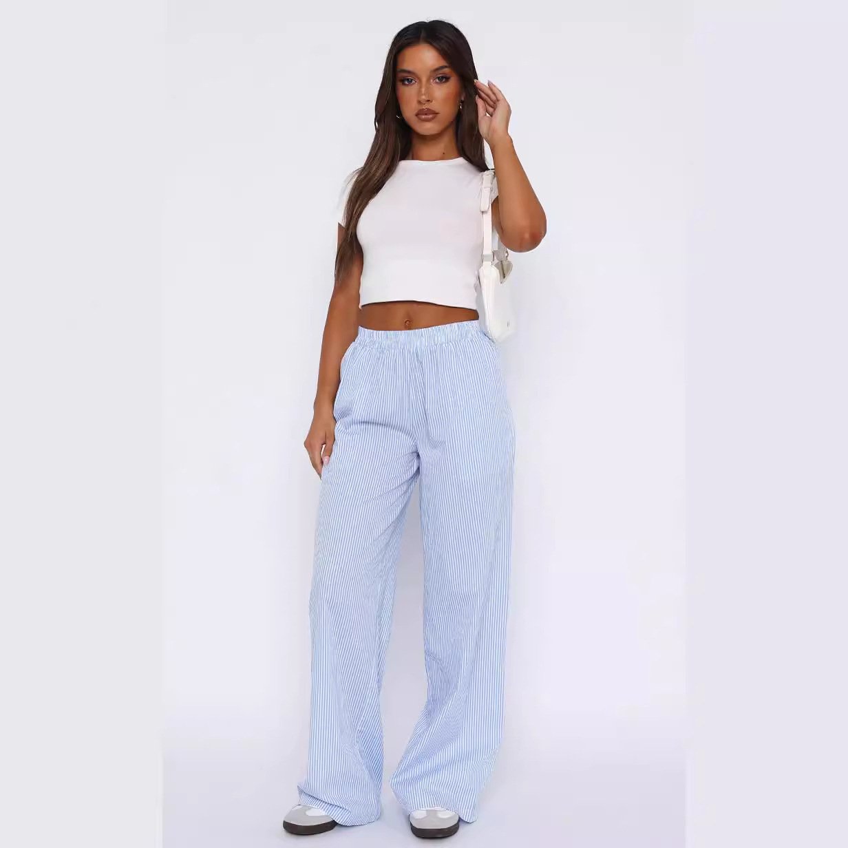 Fashion Y2K Striped Straight Trousers Summer Elastic High Waist Wide Leg Pants For Women - Image 5