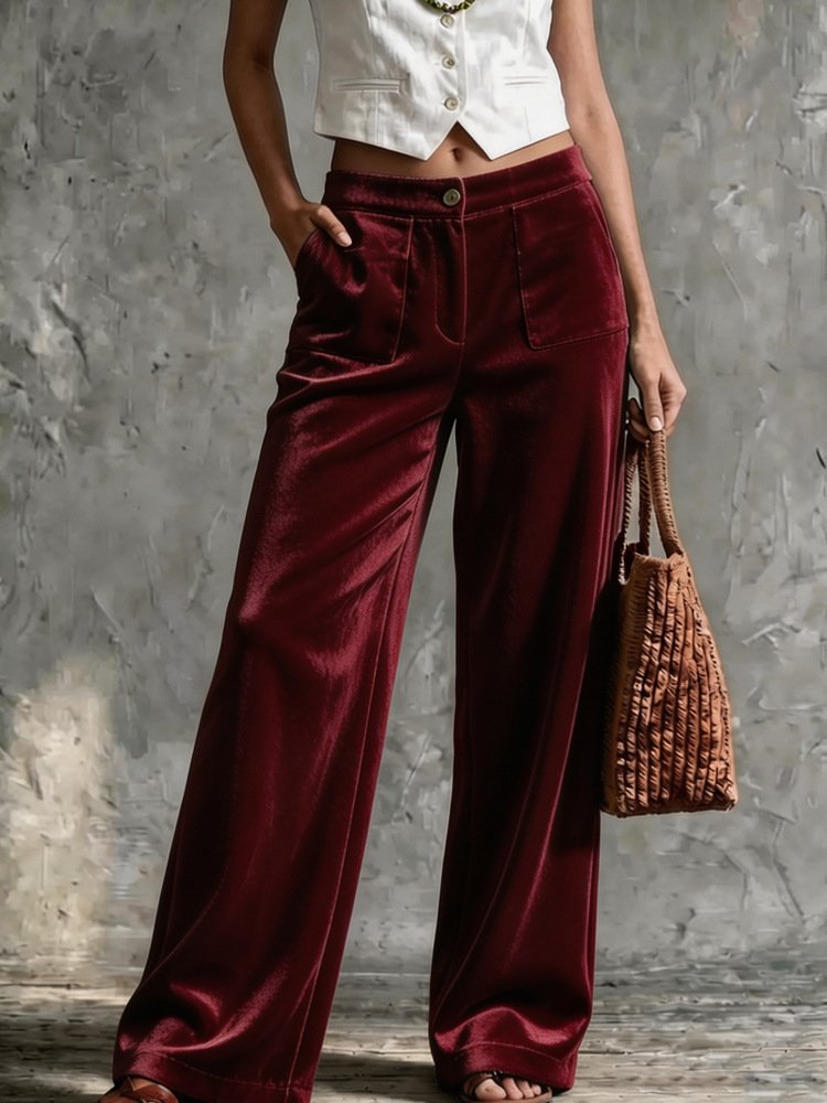 Womens Velvet Loose-fit Solid-color High-waisted Straight-leg Casual Pants With Pockets - Image 10