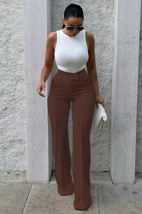 Slim Straight-leg Pants With Buckle Fashion Solid Color Trousers For Womens Clothing - Image 9