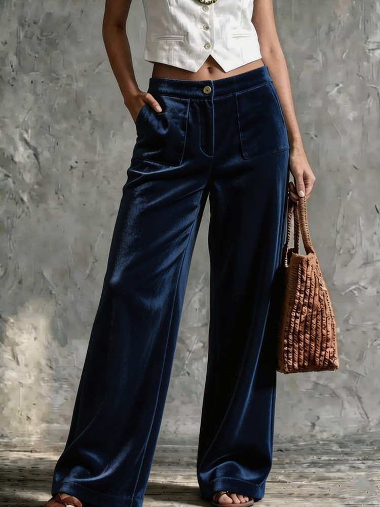 Womens Velvet Loose-fit Solid-color High-waisted Straight-leg Casual Pants With Pockets - Image 8