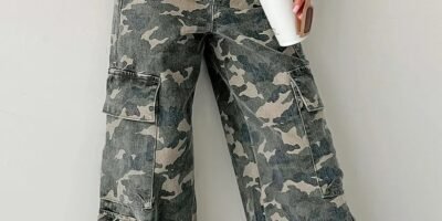 Green Camo Denim Cargo Wide Leg Pants