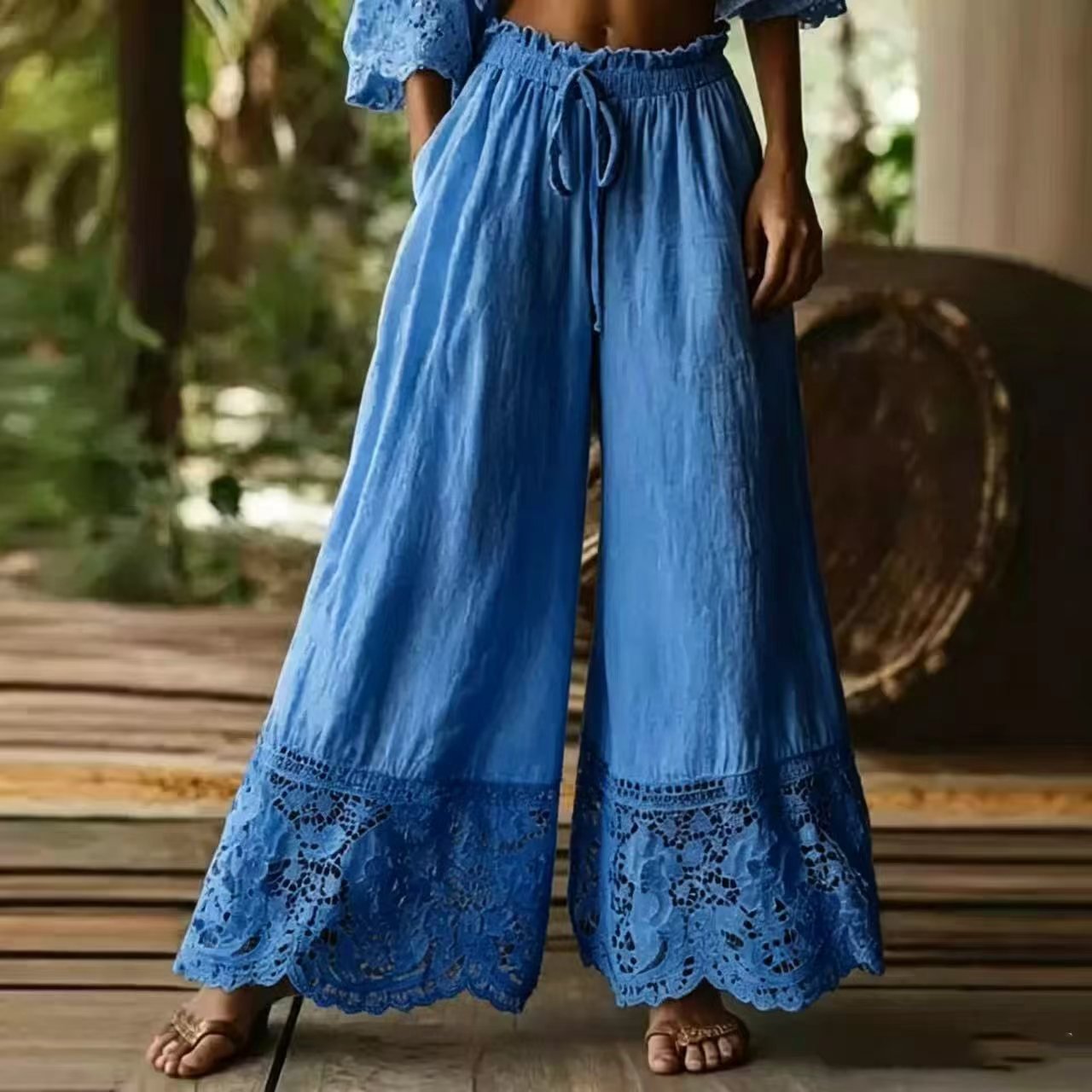 Fashionable Solid-Colored Lace-Trimmed Womens Pants - Image 4
