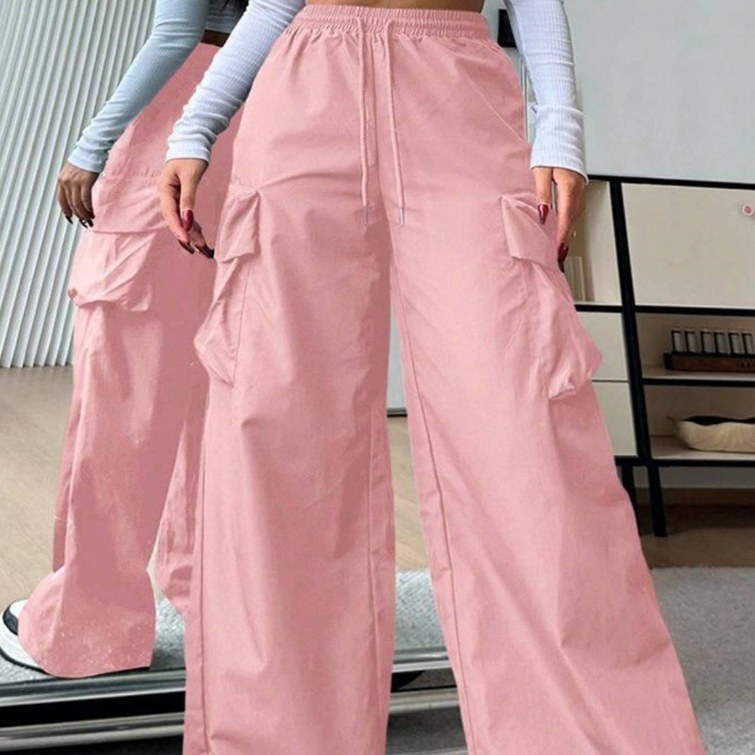 Womens Solid-color Loose-fit Utility Casual Pants