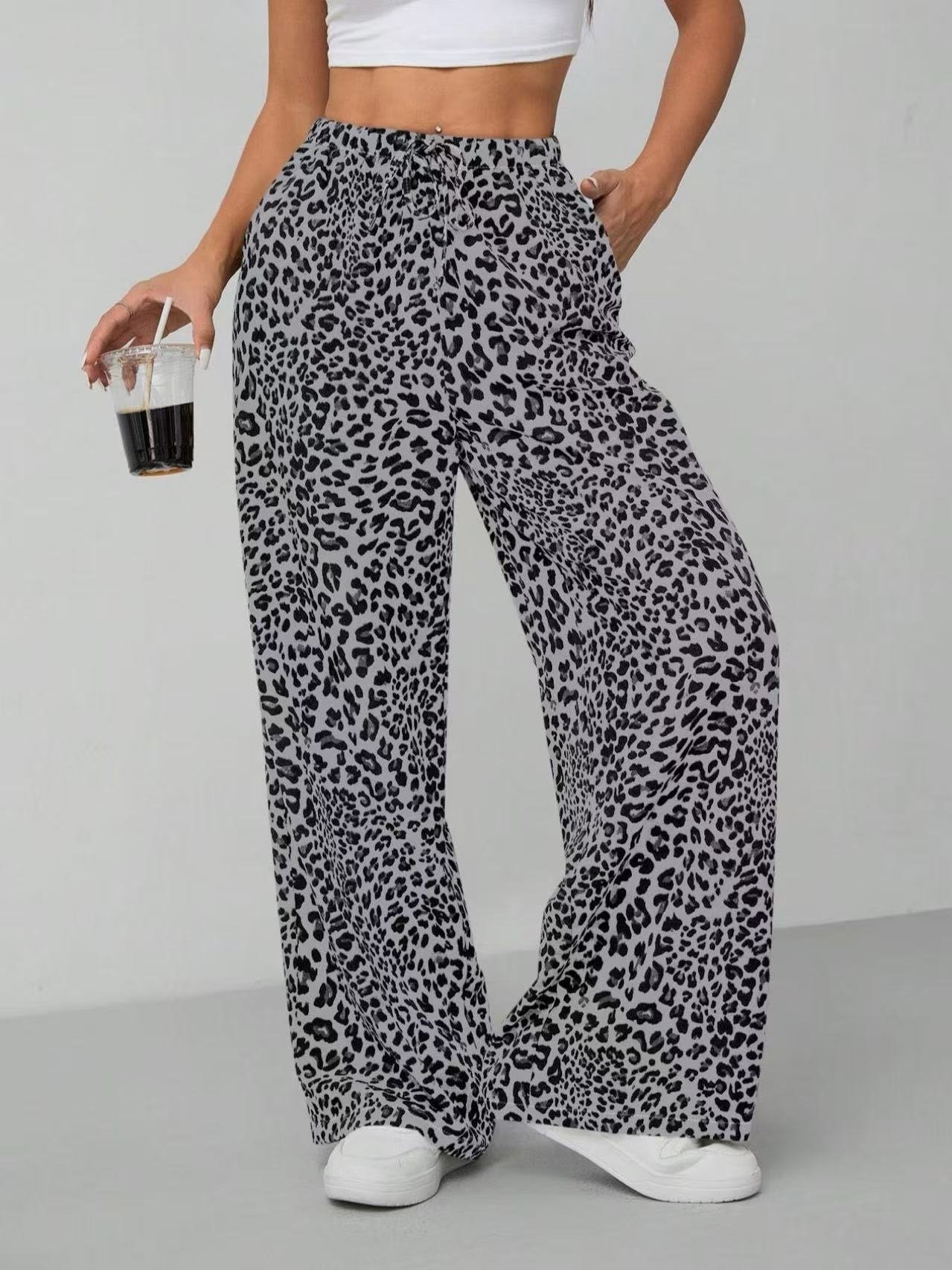 Women's Casual Leopard Print High Waisted Wide-Leg Pants Elegant Drawstring Loose Long Trousers - Image 9