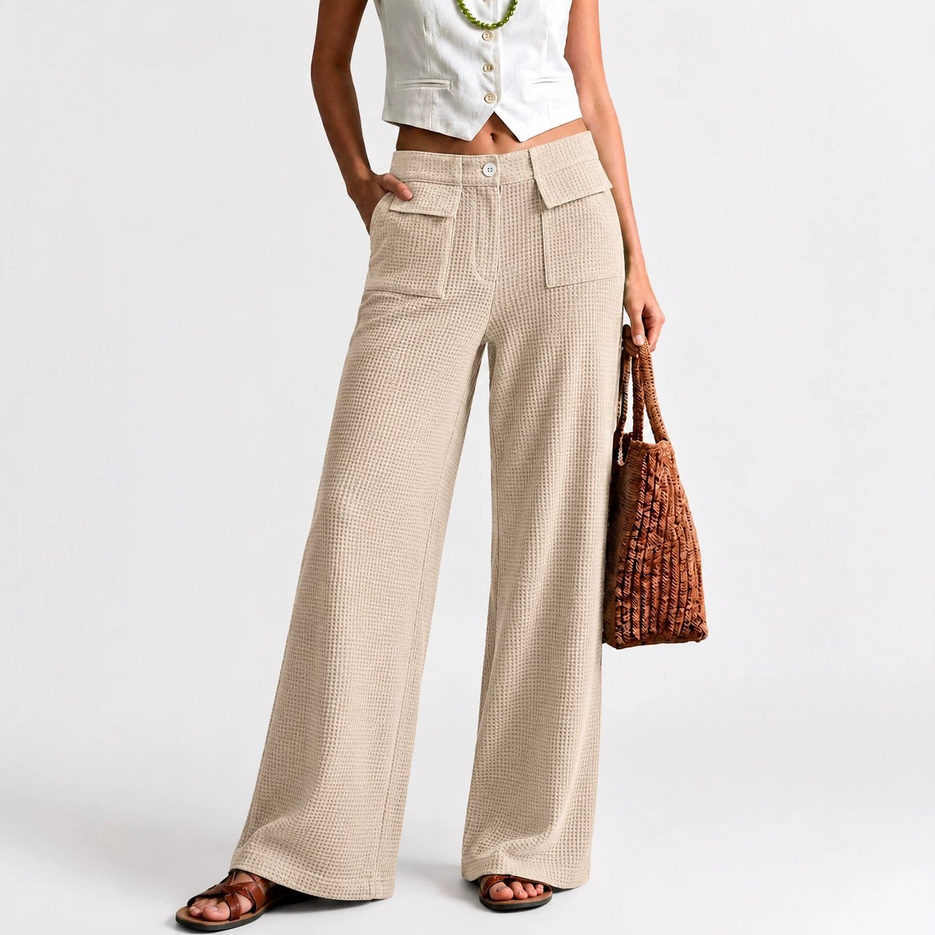 Womens High-Waisted Straight-Leg Casual Wide-Leg Pants