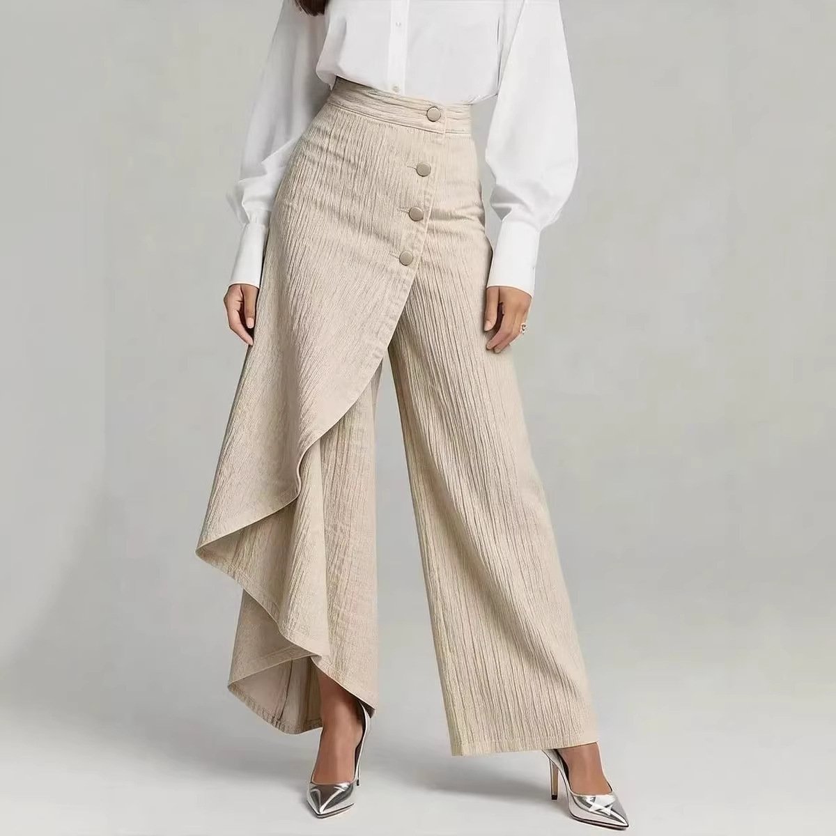 Unique Straight-leg Pants Fashion Large Ruffled Buttons Trousers Women's Faux Jeans Clothing - Image 3