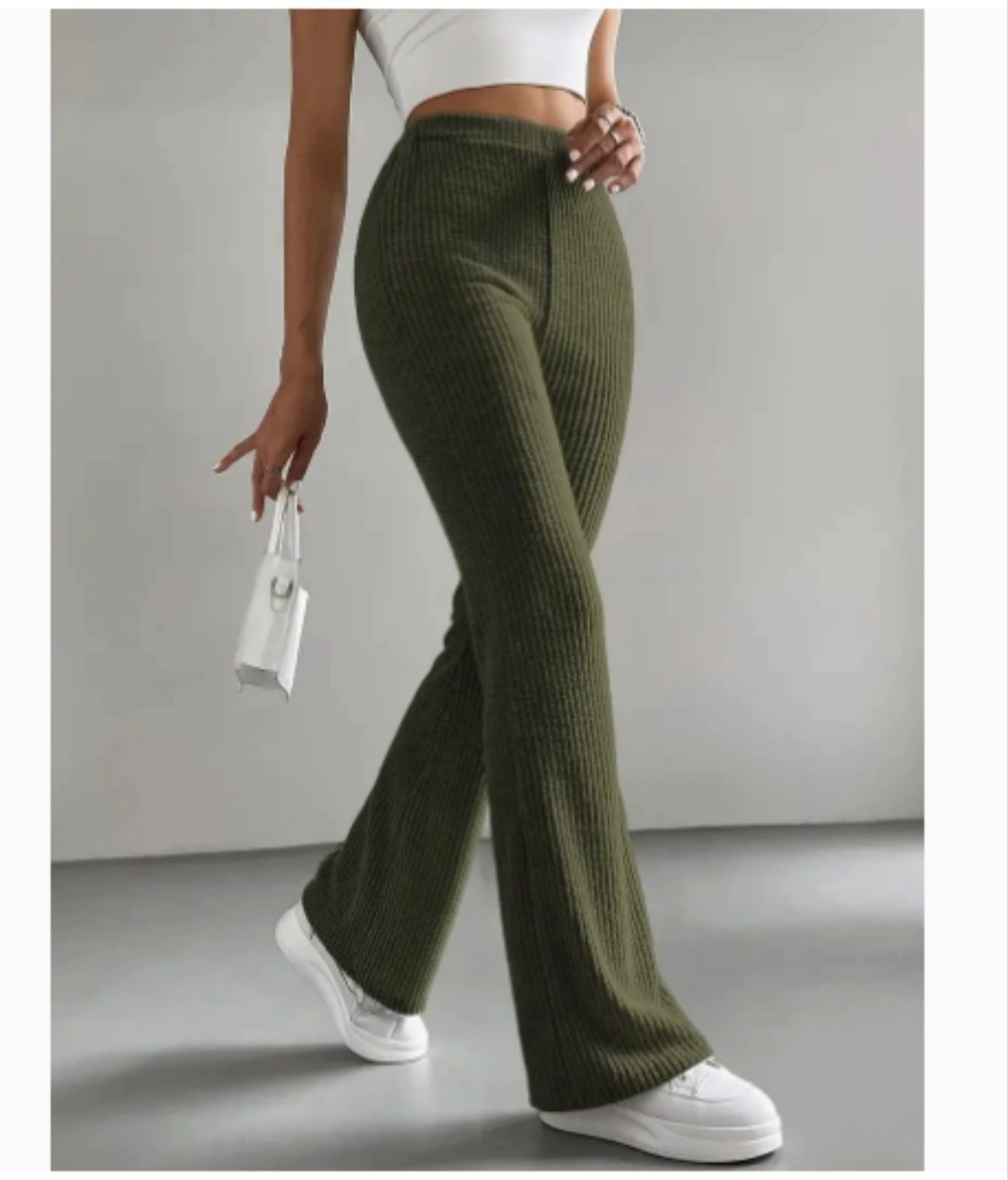 Women's Autumn Solid Color Rib Knit Bootcut Trousers - Image 7
