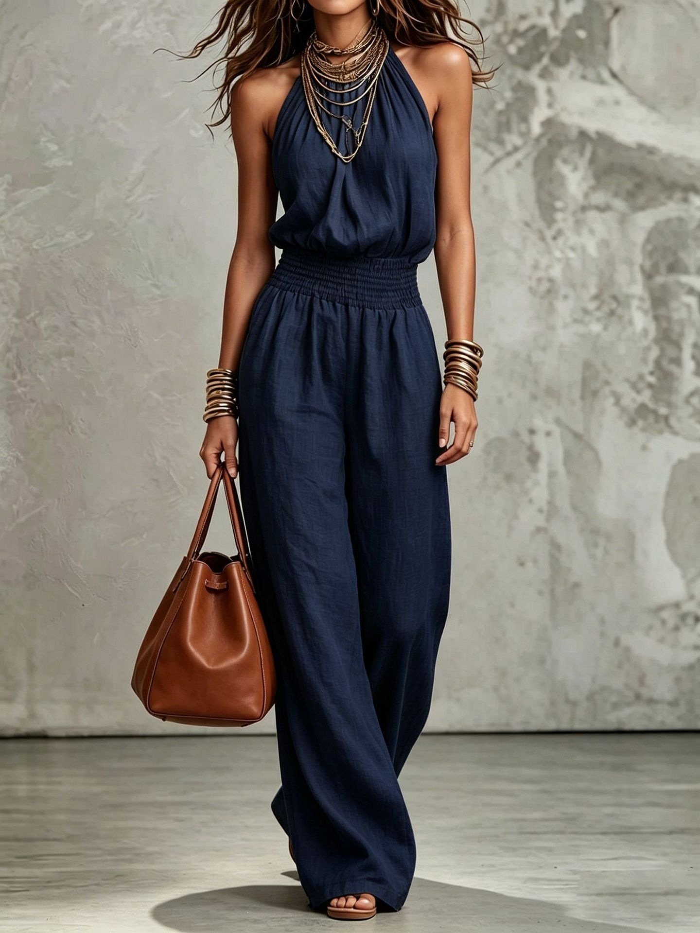Womens Sleeveless Jumpsuit Backless Lace-up Halter Overall Pants Wide-leg Straight Onesie Trousers - Image 6