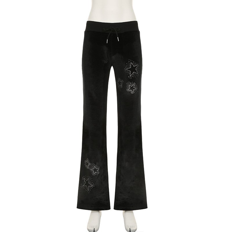 Drilling Low Waist Drawstring Patchwork Slimming Casual Pants