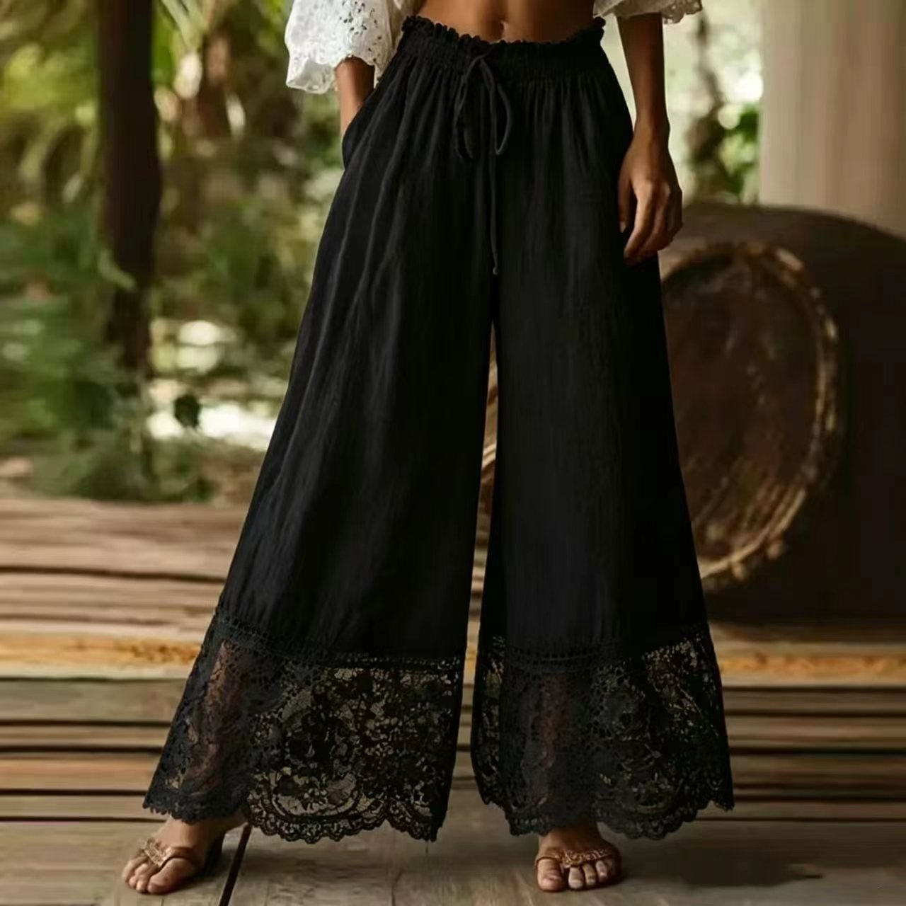 Fashionable Solid-Colored Lace-Trimmed Womens Pants - Image 7